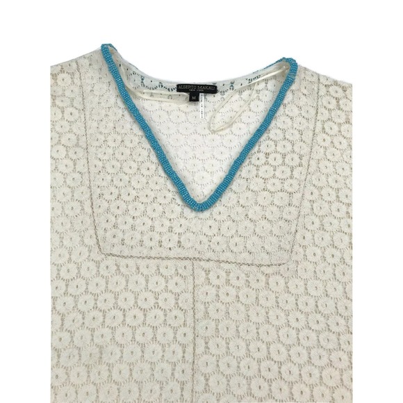 Alberto Makali Poncho Cape Womens Medium Ivory Cotton Fringe Lace Beaded V-Neck - Picture 3 of 8